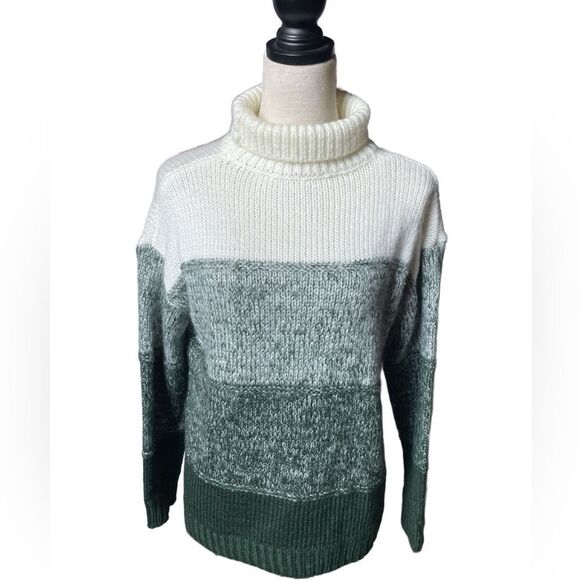 Women's Green and White Color Block Cozy Knit Turtleneck Sweater (Size: Small) - Picture 1 of 10